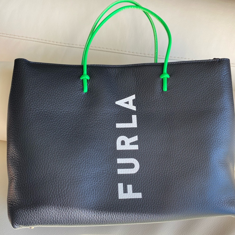 Furla Black Tote with Neon Green Handles